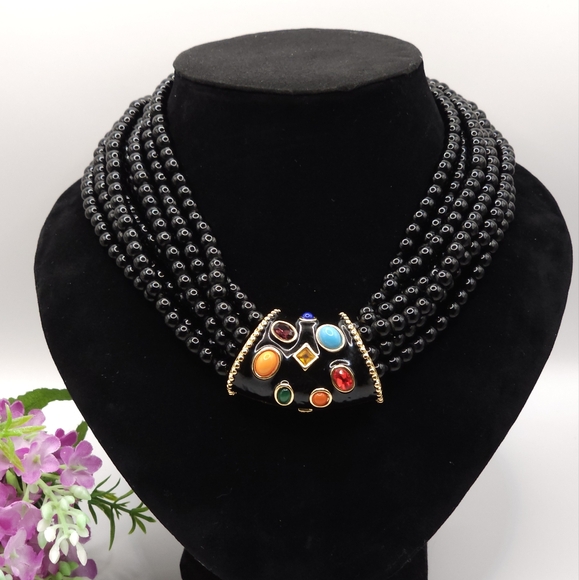 KENNETH JAY LANE multi-stranded black beaded necklace‎ with slide pendant